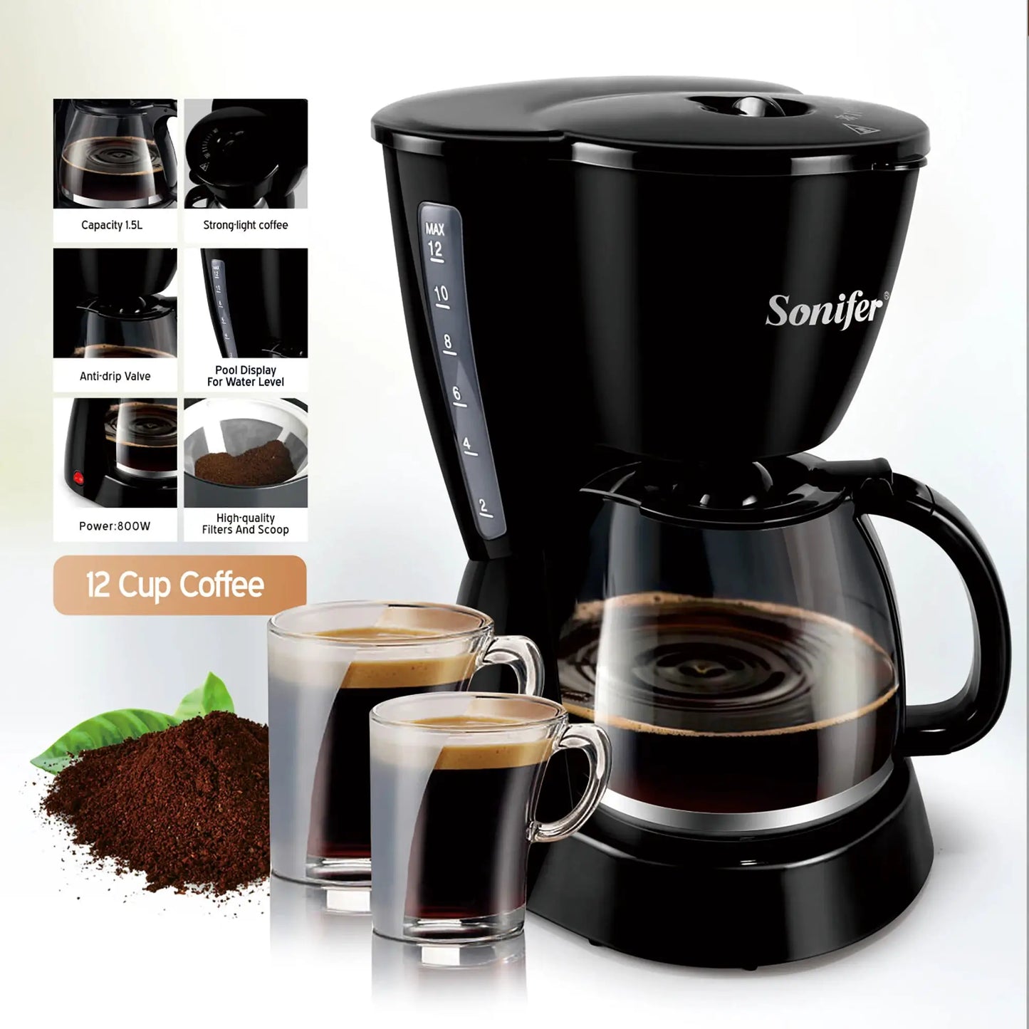 Sonifer 1.5L Electric Drip Coffee Maker 800W by All Mart Bristol Ltd