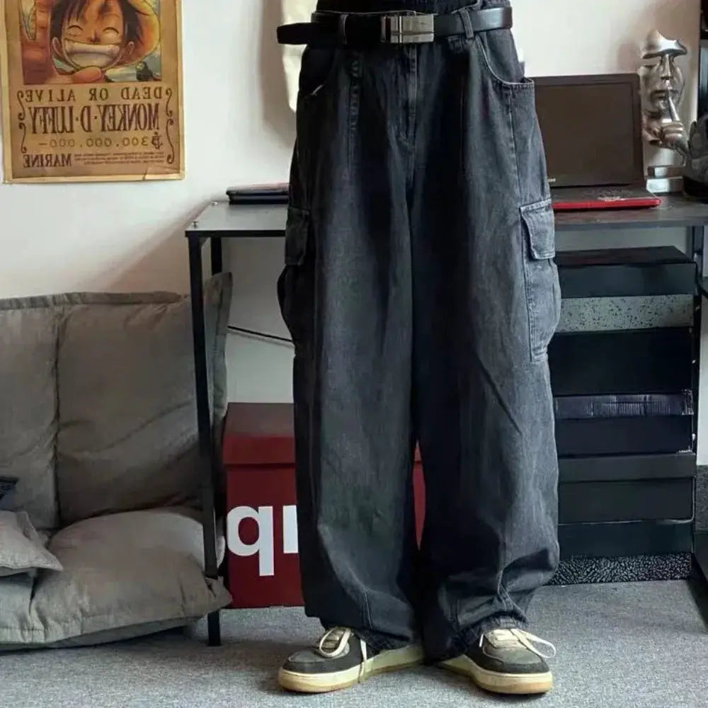 Baggy Jeans Men's Oversize Cargo Korean Black Wide Pants Streetwear Hip Hop Harajuku Male Fashion Straight Denim Pants by All Mart Bristol Ltd