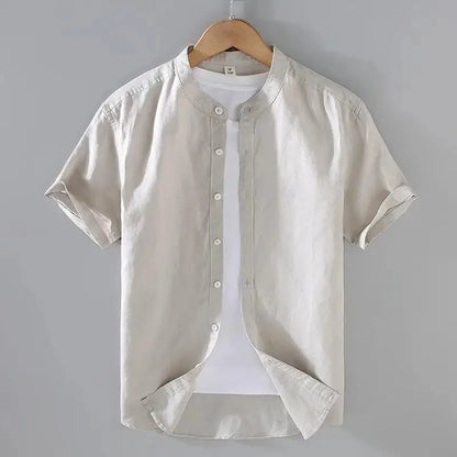 Men's Cotton Linen Short-Sleeved Shirt Summer Streetwear Plain Color Stand Collar Casual Beach Style plus Size M-3XL by All Mart Bristol Ltd