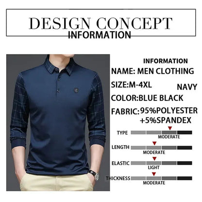 BROWON Long Sleeve T Shirt Men Spring and Autumn Business Casual Slim Turn-down Collar Geometric Pattern Tshirt Men Clothing by All Mart Bristol Ltd