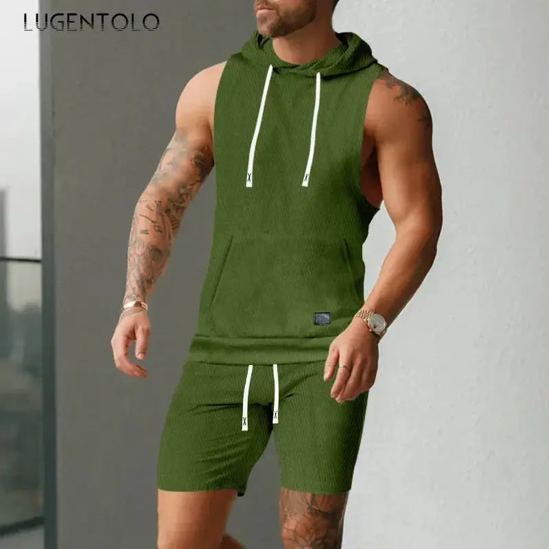 Men Casual 2 Piece Set Fashion Jacquard Knitted T-shirt Hooded Sleeveless Vest Elastic Waist Shorts Jogging Fitness Apparel by All Mart Bristol Ltd