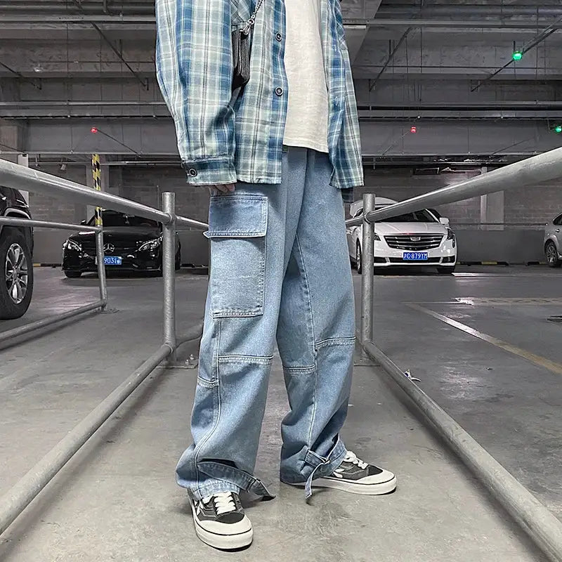 Men Jeans Wide Leg Denim pants Loose Straight Baggy Men's Jeans hip hop Streetwear Skateboard Neutral denim Trousers Cargo jeans by All Mart Bristol Ltd