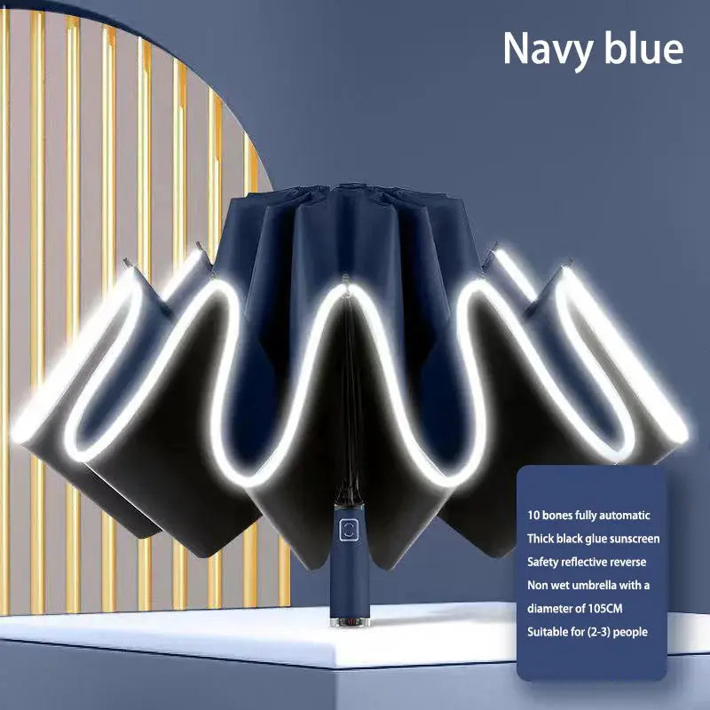 Umbrella Windproof Strong With Reflective Stripe Reverse Automatic Fold Umbrella UV Umbrella Insulation Portable Parasol by All Mart Bristol Ltd
