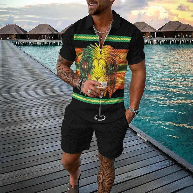 Vintage Men's Suit Zipper Polo Shirt Shorts Pants 2 Piece Set Coconut Tree Animal 3D Print Casual Men Tracksuit Ropa Barata by All Mart Bristol Ltd
