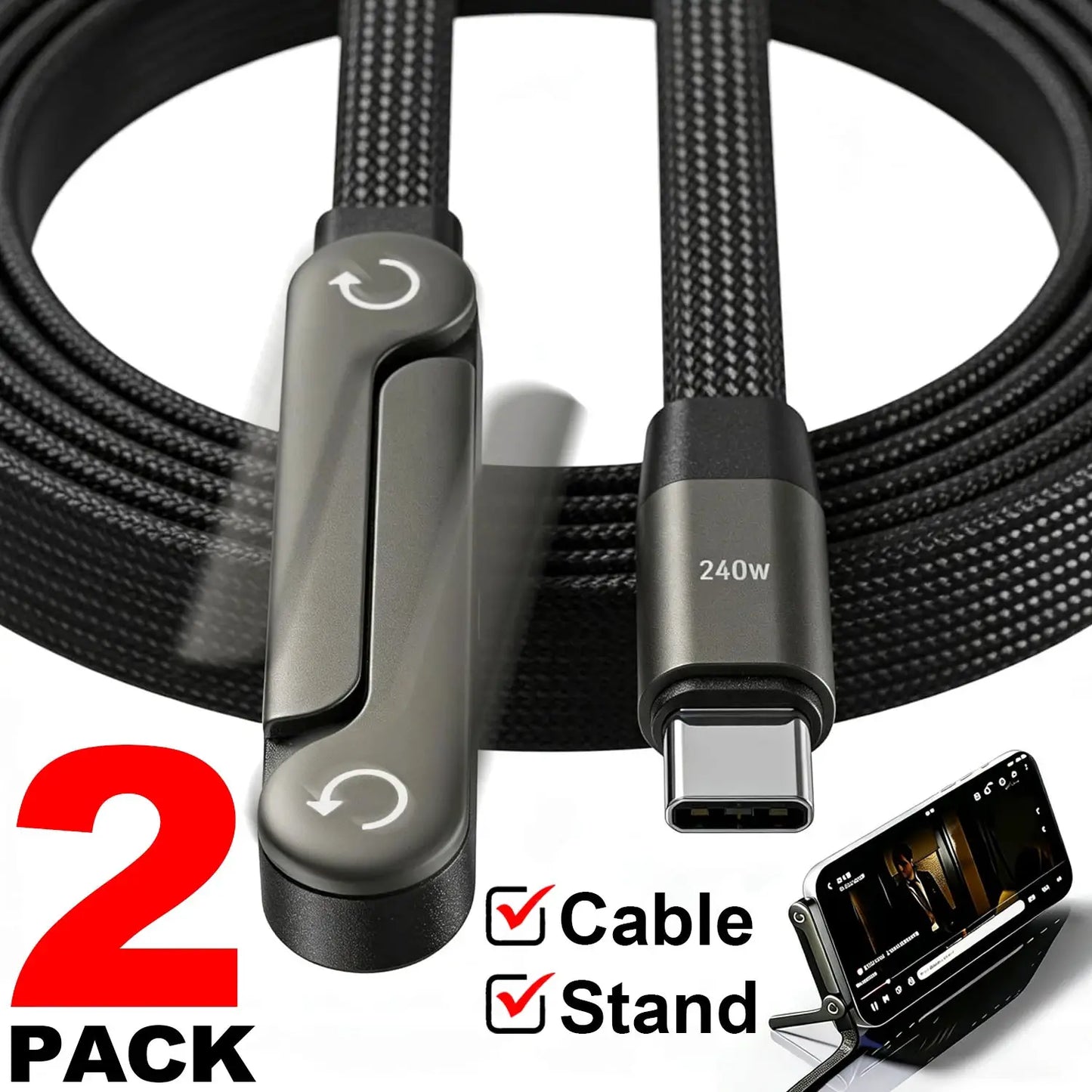 1/2PCS Type C To C Charger Cable 240W Fast Charging Data Line with Built-In Phone Stand for IPhone Samsung Xiaomi Google by All Mart Bristol Ltd