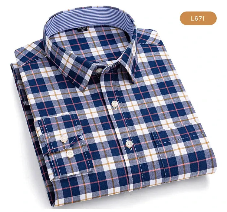 Men's Trendy Plaid Striped Lapel Collar Design Cotton Dress Shirts, Long Sleeve Casual Button Up Commuter Shirt For Spring/Fall by All Mart Bristol Ltd