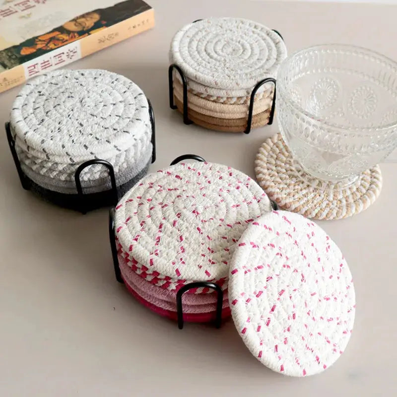 8Pcs Cup Coasters for Drinks Absorbent Woven Coaster Set with Holder Farmhouse Cloth Fabric Cup Coasters for Coffee Tea by All Mart Bristol Ltd