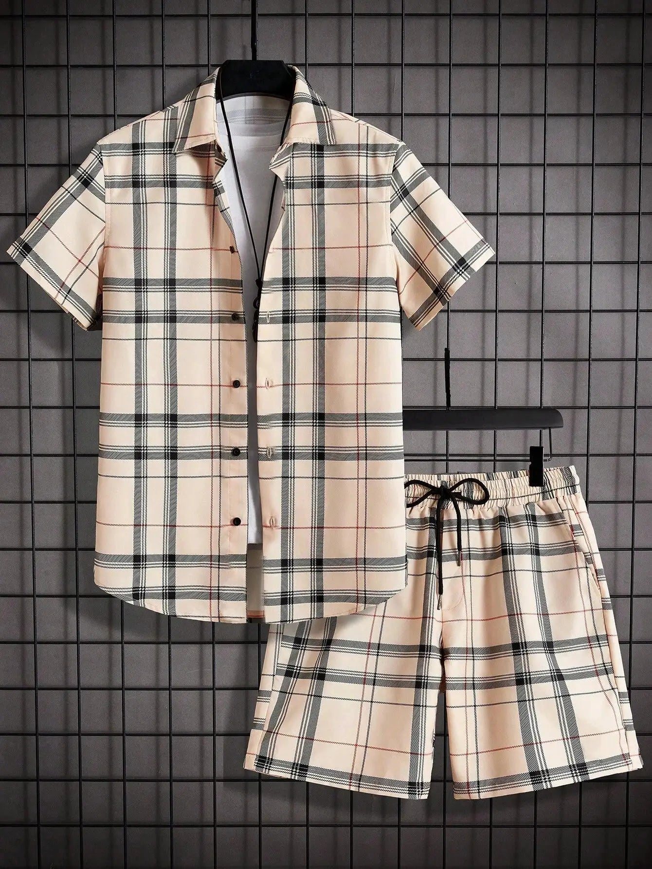 Street Casual Men's Suit Personalized Fashion Plaid Printed Pattern Short Sleeve Lapel Shirt and Shorts Men's Two Piece Set by All Mart Bristol Ltd
