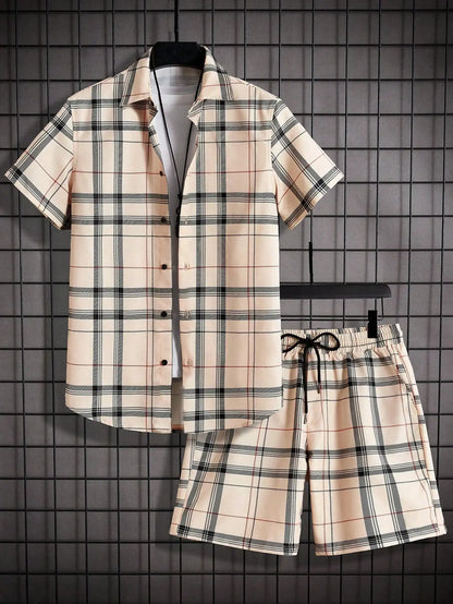 Street Casual Men's Suit Personalized Fashion Plaid Printed Pattern Short Sleeve Lapel Shirt and Shorts Men's Two Piece Set by All Mart Bristol Ltd