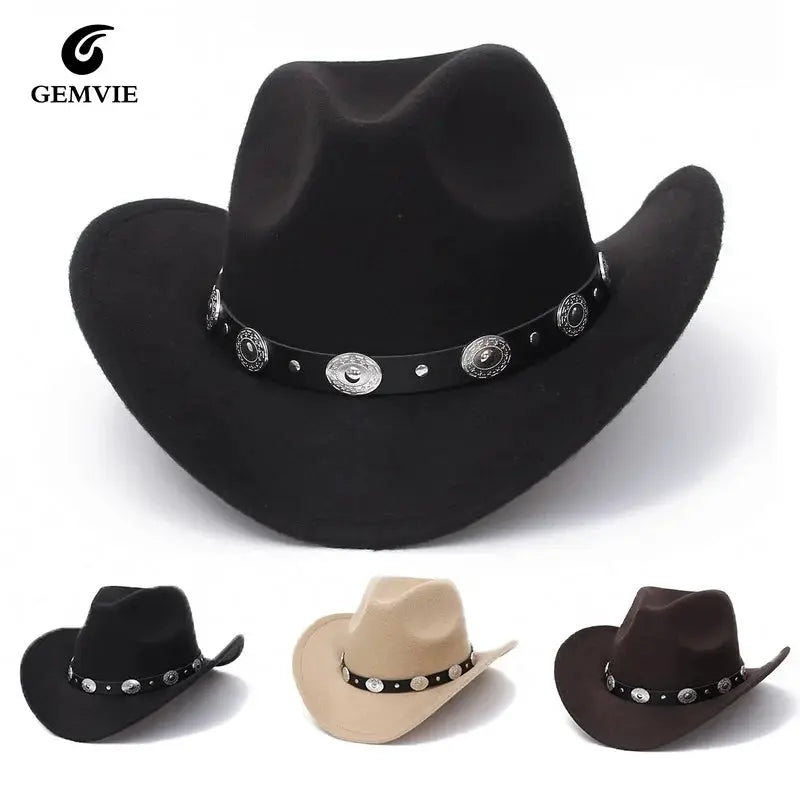 New Vintage Western Women Cowboy Hat For Men Wide Brim Cowboy Jazz Cap With Leather Belt Sombrero Cap Four Seasons by All Mart Bristol Ltd