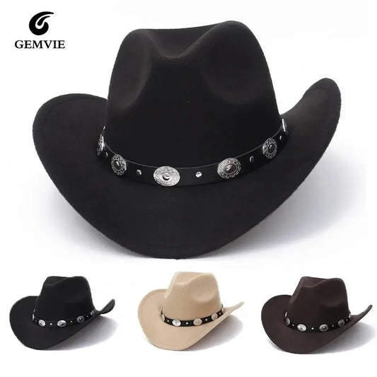 New Vintage Western Women Cowboy Hat For Men Wide Brim Cowboy Jazz Cap With Leather Belt Sombrero Cap Four Seasons by All Mart Bristol Ltd
