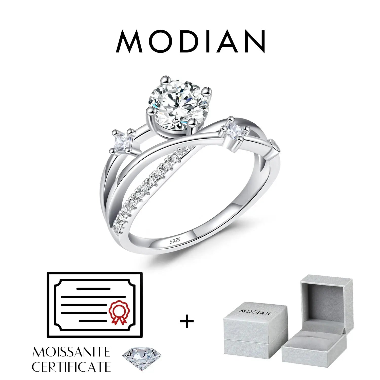MODIAN 1CT VVS1 Clarity Moissanite Dazzling Ring 925 Sterling Silver e Multi-layer Lines Rings For Women Wedding Jewelry Gifts by All Mart Bristol Ltd