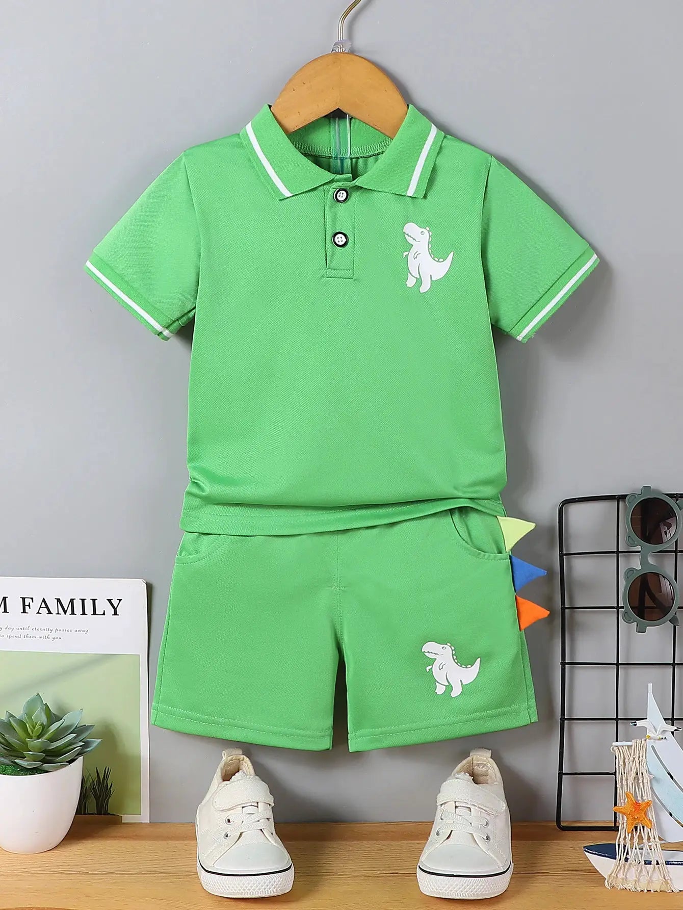 Infant Baby Boy Sets Summer Clothing Casual Sport Suit POLO Shirt + Shorts 2Pcs Set Boys Kids Grey Dinosaur Print Tracksuit by All Mart Bristol Ltd