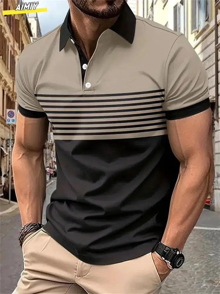 New Male Golf Stripe Polo Men's Casual Short-Sleeved Polo Shirt Solid Color Lapel Fashion Business Sports Breathable T-Shirt Top by All Mart Bristol Ltd