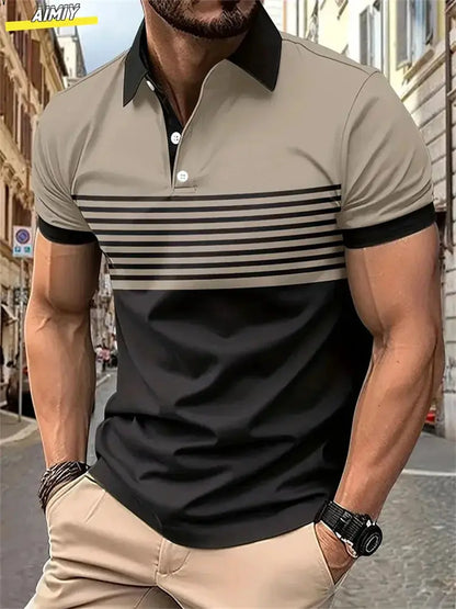 New Male Golf Stripe Polo Men's Casual Short-Sleeved Polo Shirt Solid Color Lapel Fashion Business Sports Breathable T-Shirt Top by All Mart Bristol Ltd