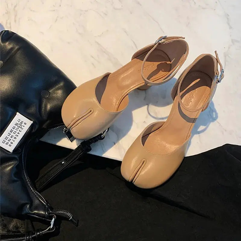 Modern Heels Pumps Women Round High Heel Leather Square Split Toe Pumps Shoes Spring Summer Sandals Mary Janes Shoes Heels Women by All Mart Bristol Ltd