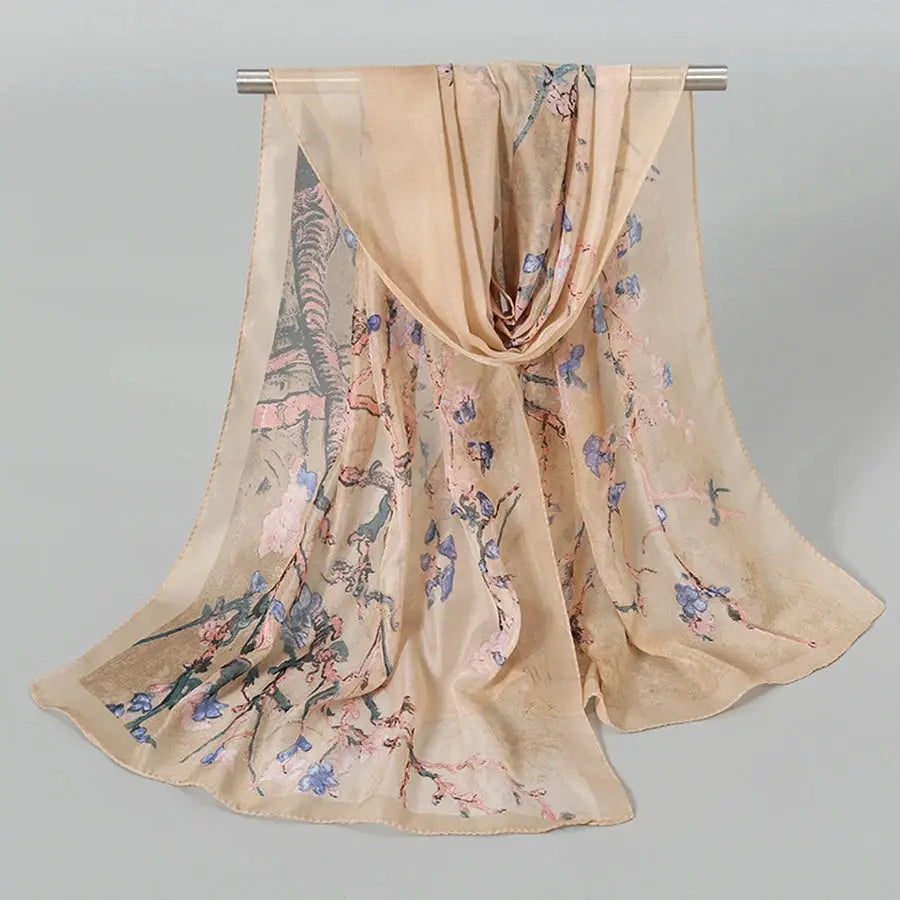 Plum Blossom Pattern Simulation Silk Scarf Women's Chiffon Scarf Long Gauze Scarf Sunscreen Shoulder Bag Headscarf by All Mart Bristol Ltd