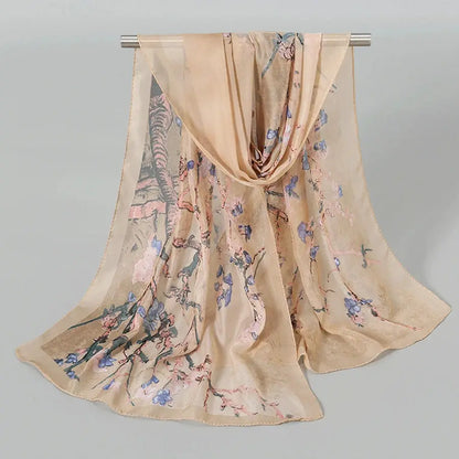Plum Blossom Pattern Simulation Silk Scarf Women's Chiffon Scarf Long Gauze Scarf Sunscreen Shoulder Bag Headscarf by All Mart Bristol Ltd