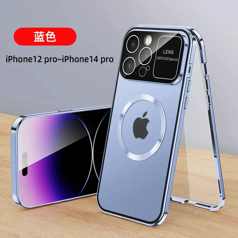 For iPhone 16 15 14 13 12 Pro Max Large Window Lens Protection Aluminum Metal Magnetic Case Shockproof Cover Screen Protector by All Mart Bristol Ltd