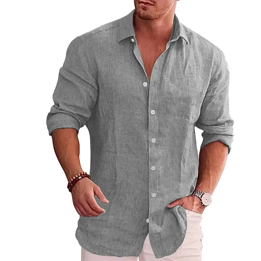 New men's cotton linen autumn hot long-sleeved shirt solid colour versatile casual resort style men's shirt tops by All Mart Bristol Ltd