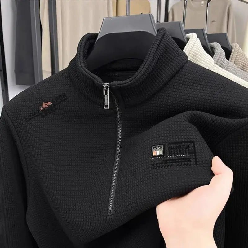 Men's Fleece Liner Sweatshirts Vintage Half Zipper Print Plaid Texture Thick Wool Warm Pullover Luxury Turtleneck Sweatshirts by All Mart Bristol Ltd