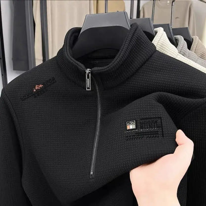 Men's Fleece Liner Sweatshirts Vintage Half Zipper Print Plaid Texture Thick Wool Warm Pullover Luxury Turtleneck Sweatshirts by All Mart Bristol Ltd