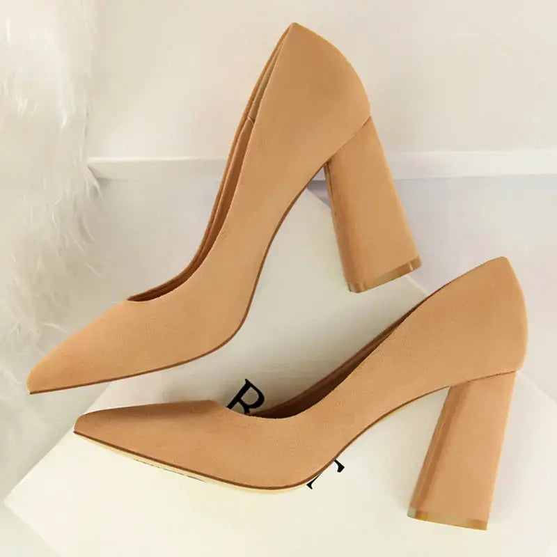 Summer Women 8.5cm High Heels Pumps Escarpins Elegant Sweet Lady Wedding Block Square Middle Heels Flock Suede Nightclub Shoes by All Mart Bristol Ltd