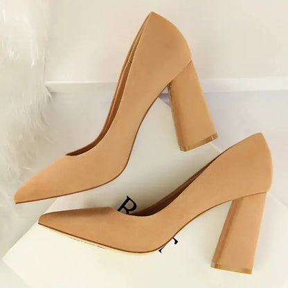 Summer Women 8.5cm High Heels Pumps Escarpins Elegant Sweet Lady Wedding Block Square Middle Heels Flock Suede Nightclub Shoes by All Mart Bristol Ltd