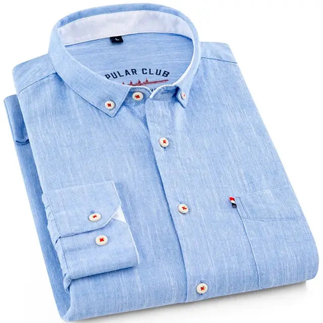 Men‘s Solid Button-Down Collar Dress Shirt - Breathable Cotton-Linen Blend - Long Sleeve, Slim-fit - Spring Summer Casual Chic by All Mart Bristol Ltd