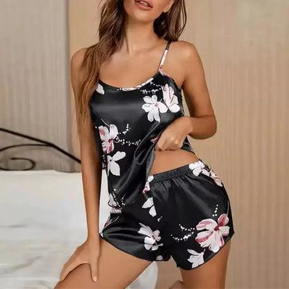 Women's Sleepwear Satin Pajama Set Summer Flower Print Pyjama Sexy Lingerie Women Sleeveless Nightwear Loungewear Home Clothing by All Mart Bristol Ltd