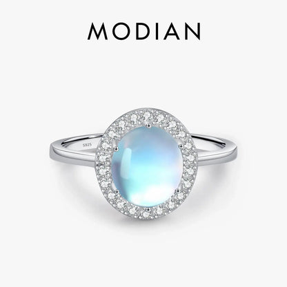 MODIAN 925 Sterling Silver Delicate Luxurt Oval Moonstone Party Finger Ring Shiny Rainbow Color Fine Jewlry For Women Gift by All Mart Bristol Ltd