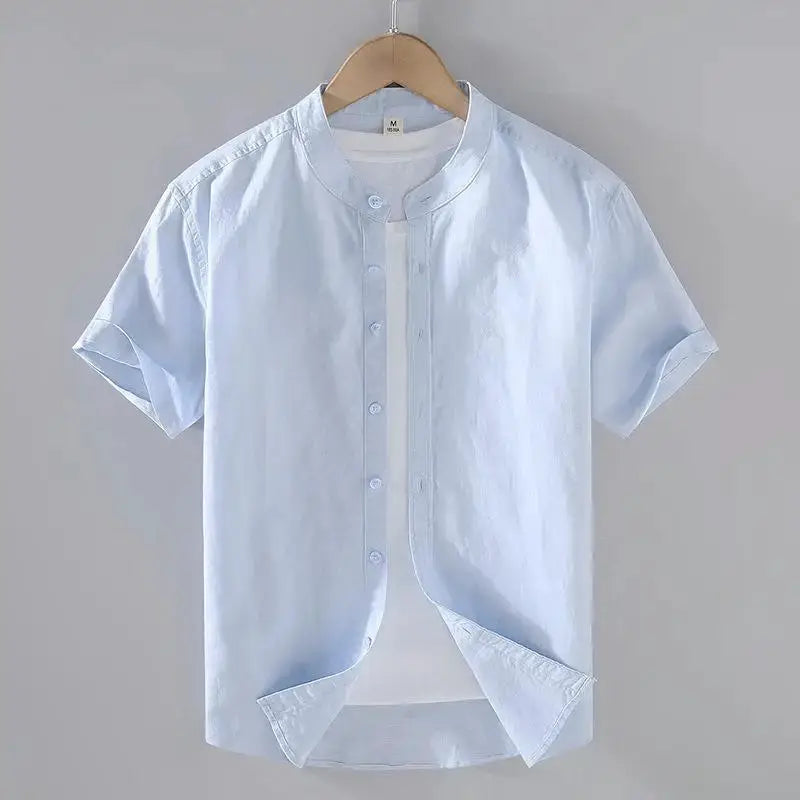Men's Cotton Linen Short-Sleeved Shirt Summer Streetwear Plain Color Stand Collar Casual Beach Style plus Size M-3XL by All Mart Bristol Ltd