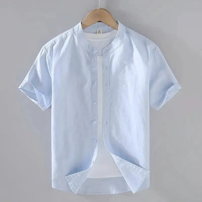 Men's Cotton Linen Short-Sleeved Shirt Summer Streetwear Plain Color Stand Collar Casual Beach Style plus Size M-3XL by All Mart Bristol Ltd