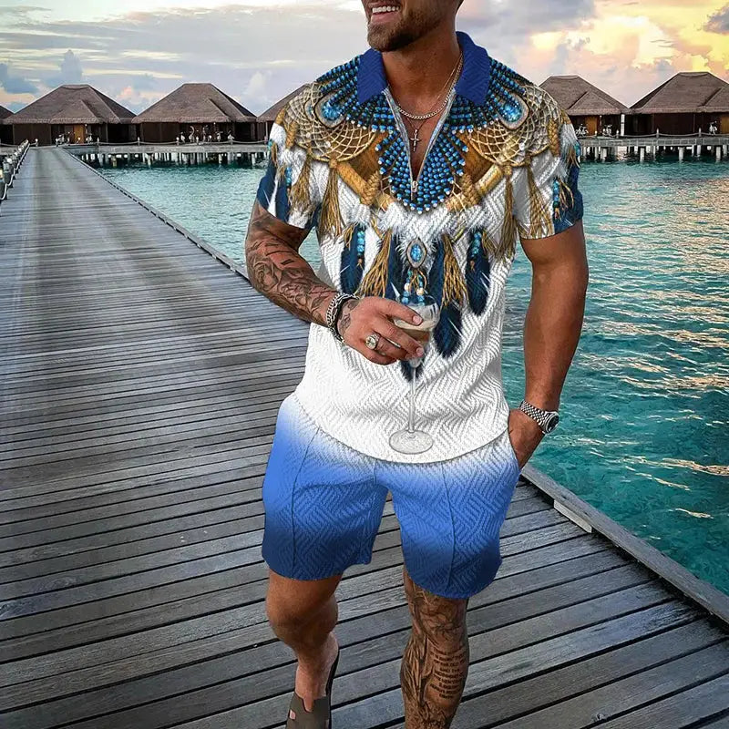 Vintage Men's Suit Zipper Polo Shirt Shorts Pants 2 Piece Set Coconut Tree Animal 3D Print Casual Men Tracksuit Ropa Barata by All Mart Bristol Ltd