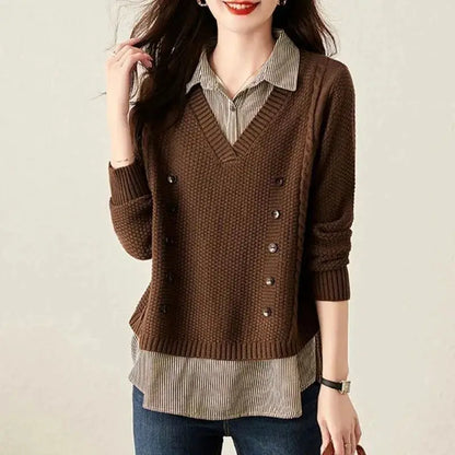 2026 New Autumn Women Sweater Pullover Splice Shirt Collar Long Sleeve Fake Two Pieces Knit Sweater Female Tops Bottoming Shirt by All Mart Bristol Ltd