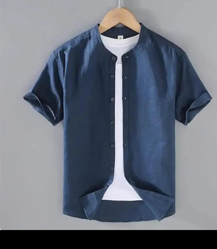 Men's Cotton Linen Short-Sleeved Shirt Summer Streetwear Plain Color Stand Collar Casual Beach Style plus Size M-3XL by All Mart Bristol Ltd