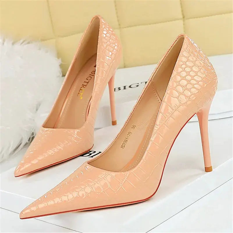 Women 10cm High Heels Stiletto Pumps Pointed Toe Green Nude Heels Office Lady Serpentine Patent Leather Wedding Party Prom Shoes by All Mart Bristol Ltd