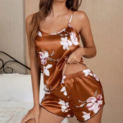 Women's Sleepwear Satin Pajama Set Summer Flower Print Pyjama Sexy Lingerie Women Sleeveless Nightwear Loungewear Home Clothing by All Mart Bristol Ltd