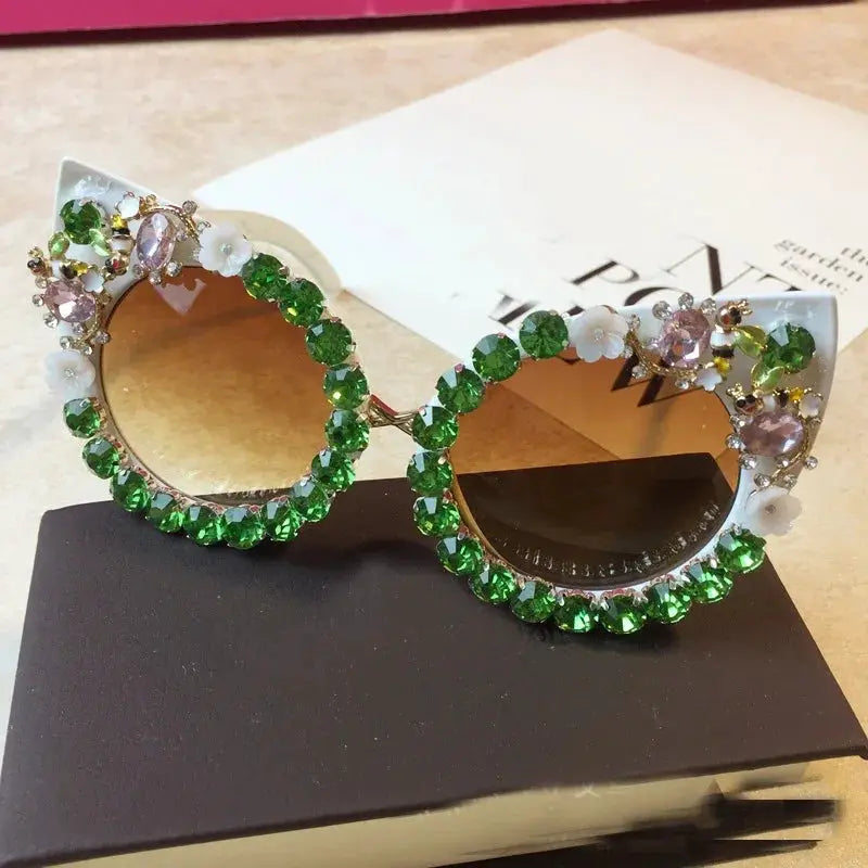 Brand Design Handmade Rhinestone Cat Eye Sunglasses Fashion Glasses Women Flower with Pearl Round Vintage Sunglasses Beach Party by All Mart Bristol Ltd