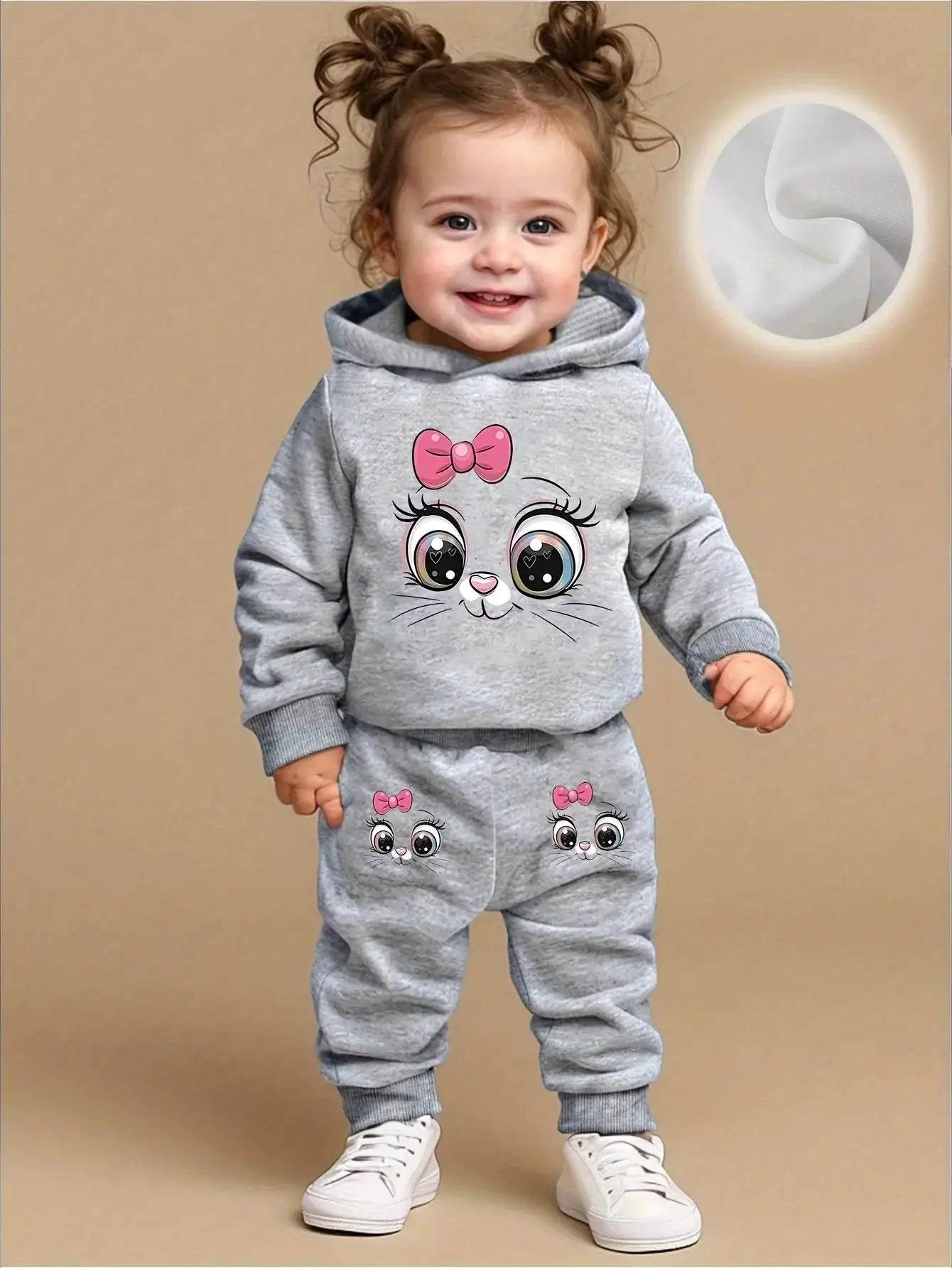 Baby girl cute cartoon cat pattern long sleeved fleece hooded sweatshirt+casual simple pants set, spring and autumn two-piece se by All Mart Bristol Ltd