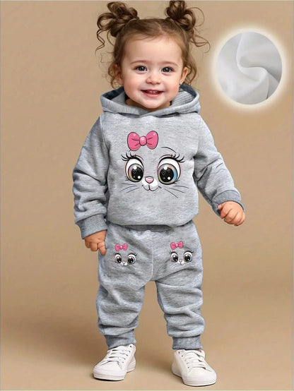 Baby girl cute cartoon cat pattern long sleeved fleece hooded sweatshirt+casual simple pants set, spring and autumn two-piece se by All Mart Bristol Ltd