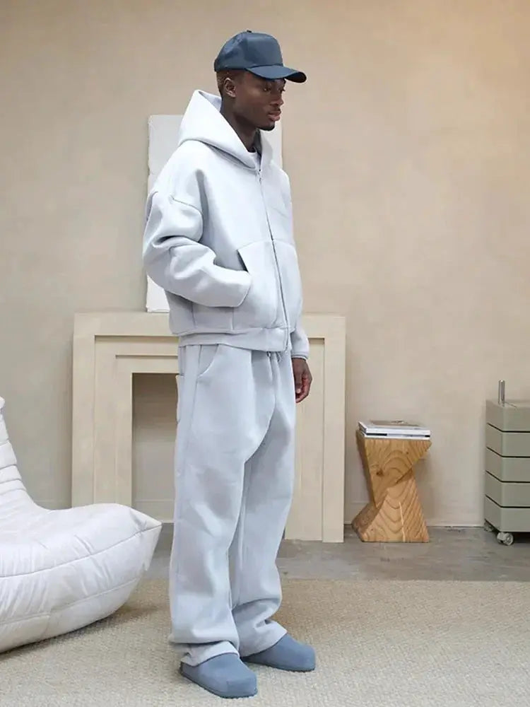 American Fashion Solid Color Fleece Oversized Sweatshirt Men's Two-Piece Y2K Harajuku Hip-Hop Gothic Joker Slacks Jogging Pants by All Mart Bristol Ltd