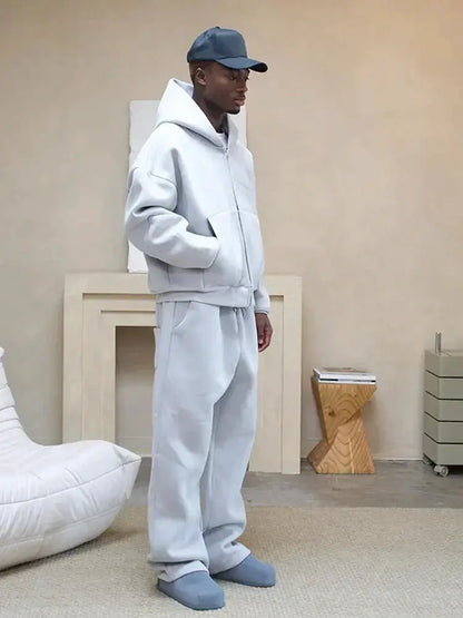 American Fashion Solid Color Fleece Oversized Sweatshirt Men's Two-Piece Y2K Harajuku Hip-Hop Gothic Joker Slacks Jogging Pants by All Mart Bristol Ltd