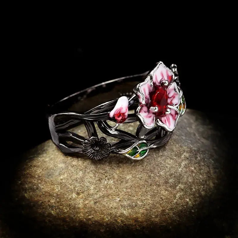 Exquisite Women's Jewelry Red Flower 925 Silver Ring Creative Elegant Women's Jewelry Attend Banquet Wedding Ring by All Mart Bristol Ltd