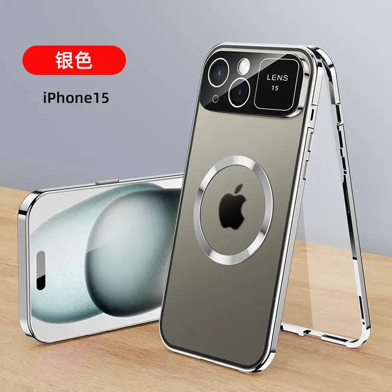 For iPhone 16 15 14 13 12 Pro Max Large Window Lens Protection Aluminum Metal Magnetic Case Shockproof Cover Screen Protector by All Mart Bristol Ltd