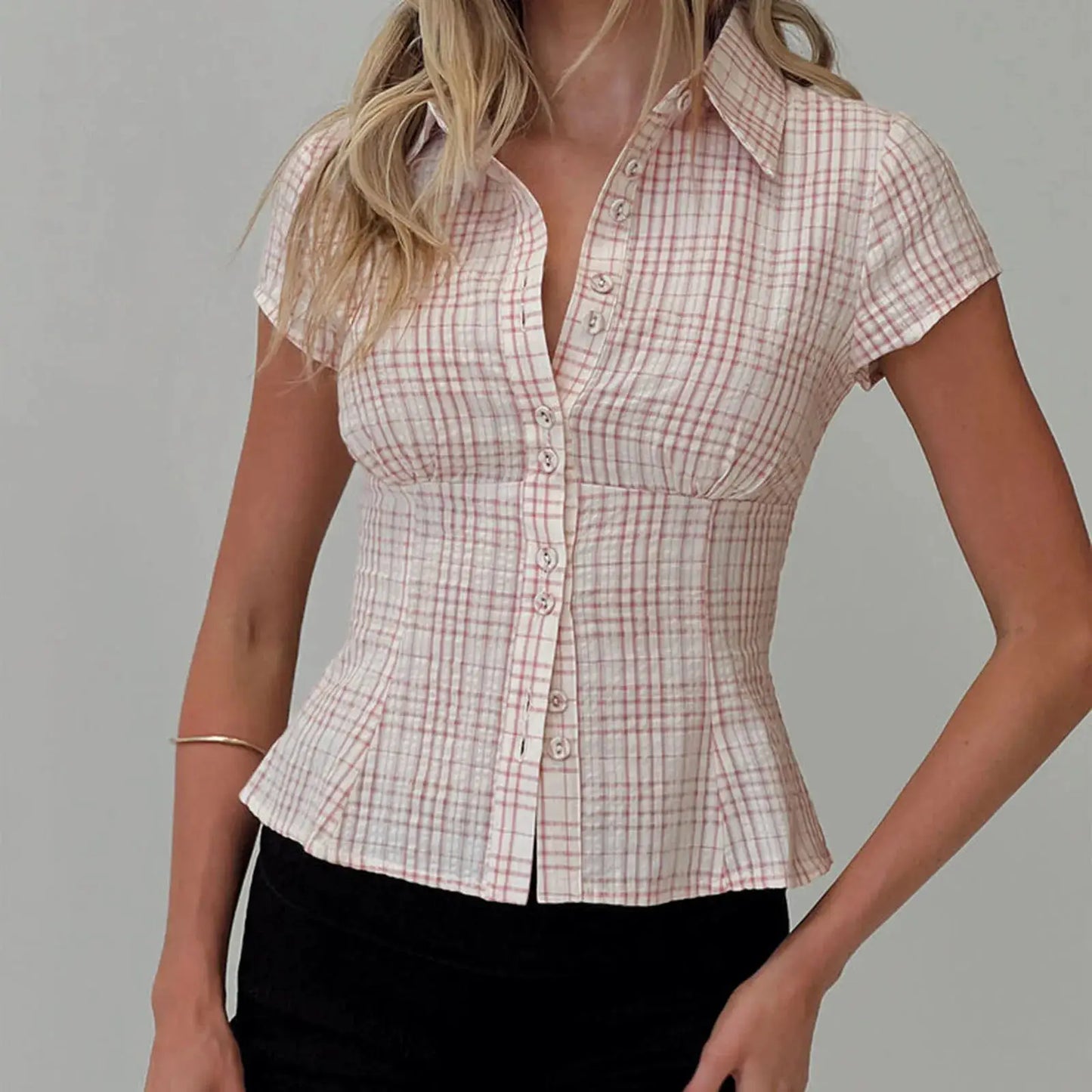 hirigin Women's Y2K Short Sleeve Plaid Button Down Shirt Button Down Blouses Tops Casual Summer Shirt Tops 90s Streetwear by All Mart Bristol Ltd