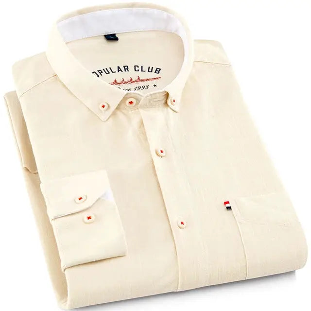 Men‘s Solid Button-Down Collar Dress Shirt - Breathable Cotton-Linen Blend - Long Sleeve, Slim-fit - Spring Summer Casual Chic by All Mart Bristol Ltd