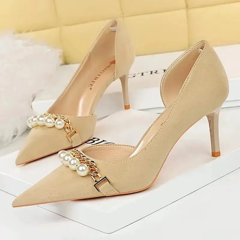 BIGTREE Shoes 2026 Spring Women Pumps Pearl Metal Chain High-heels Checked Grain Stilettos Women Heels Luxury Banquet Shoes 43 by All Mart Bristol Ltd
