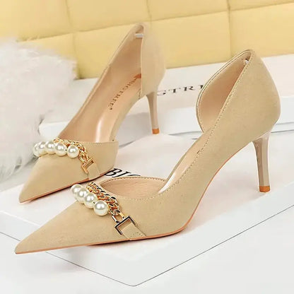 BIGTREE Shoes 2026 Spring Women Pumps Pearl Metal Chain High-heels Checked Grain Stilettos Women Heels Luxury Banquet Shoes 43 by All Mart Bristol Ltd