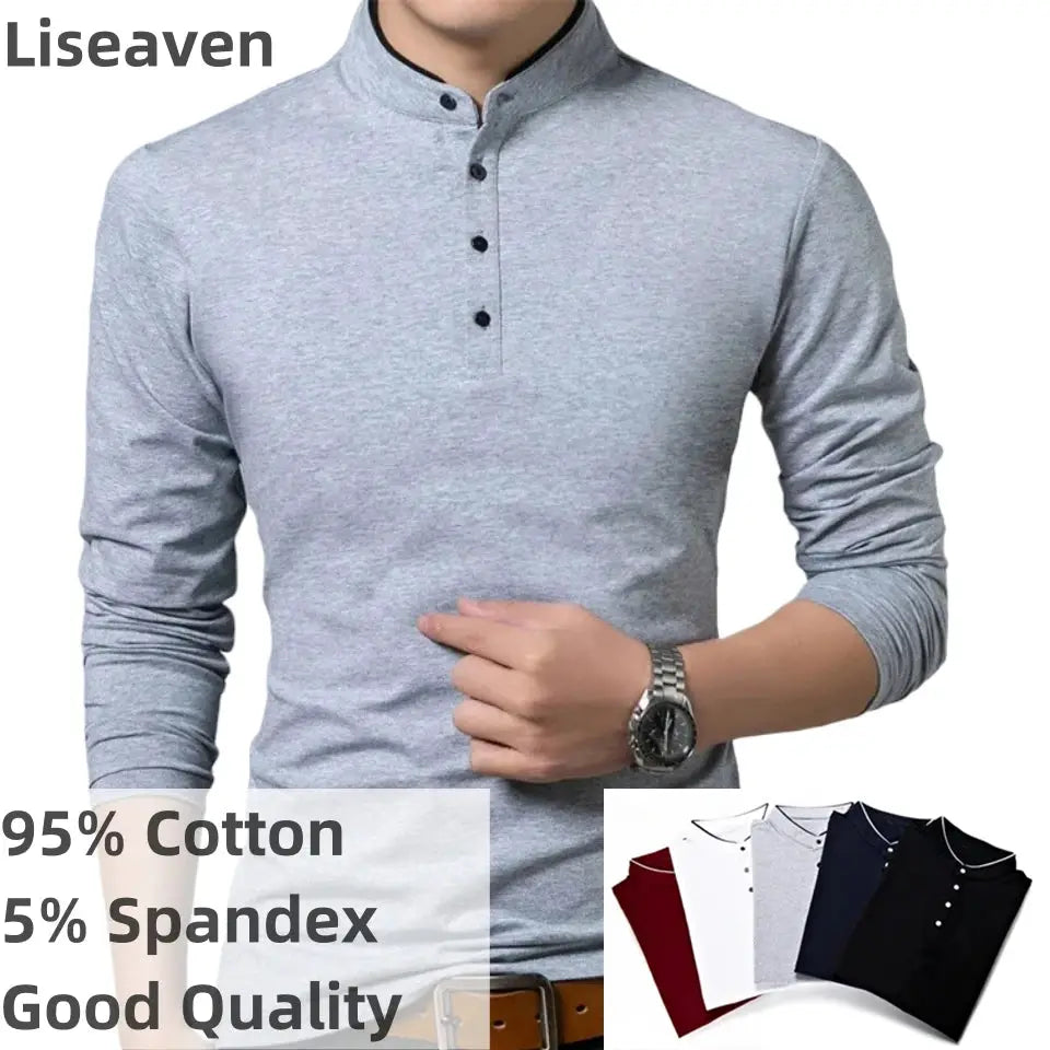 Liseaven T-Shirt Men Cotton T Shirt Full Sleeve tshirt Men Solid Color T-shirts tops&tees Mandarin Collar Long Shirt by All Mart Bristol Ltd